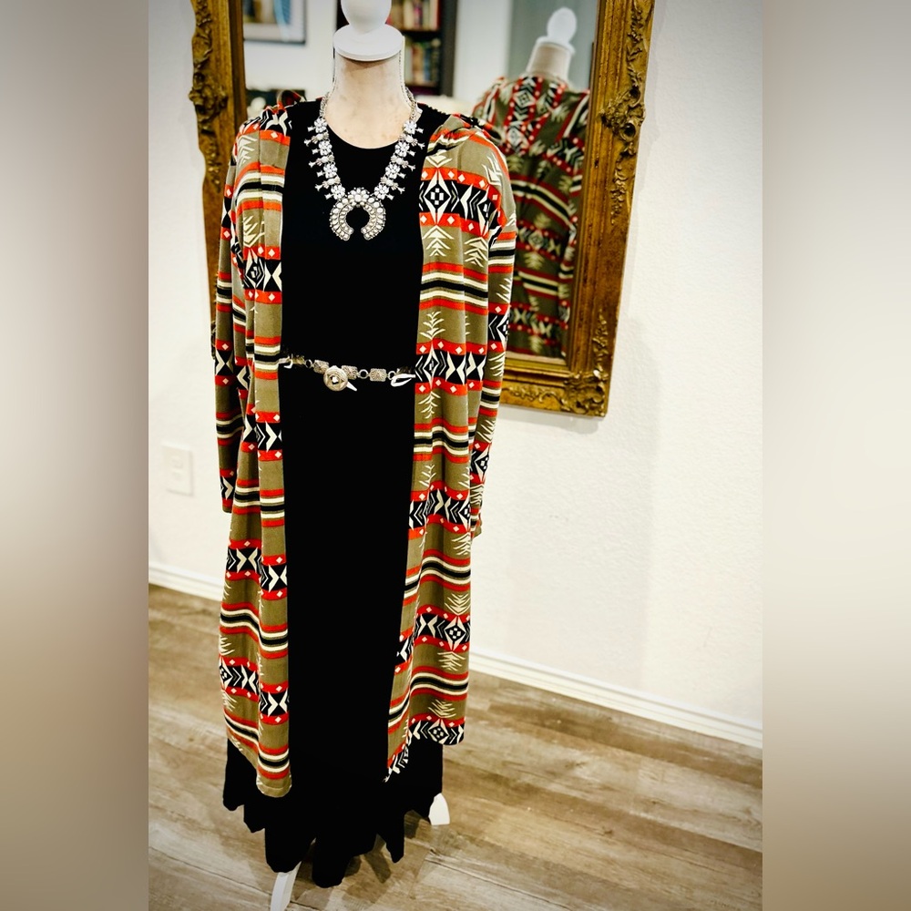 Aztec Southwestern Cowboy Rodeo Cardigan Kimono Hooded Tribal Duster size 2X - Picture 2 of 10